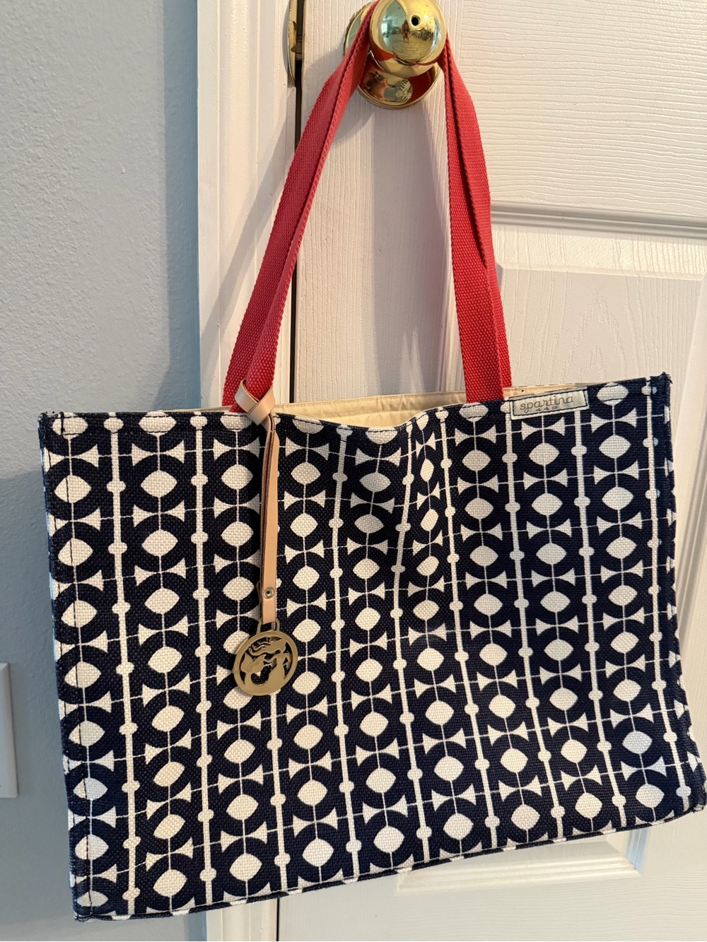 Spartina 449 Navy and White Geometric Tote with Coral Handles